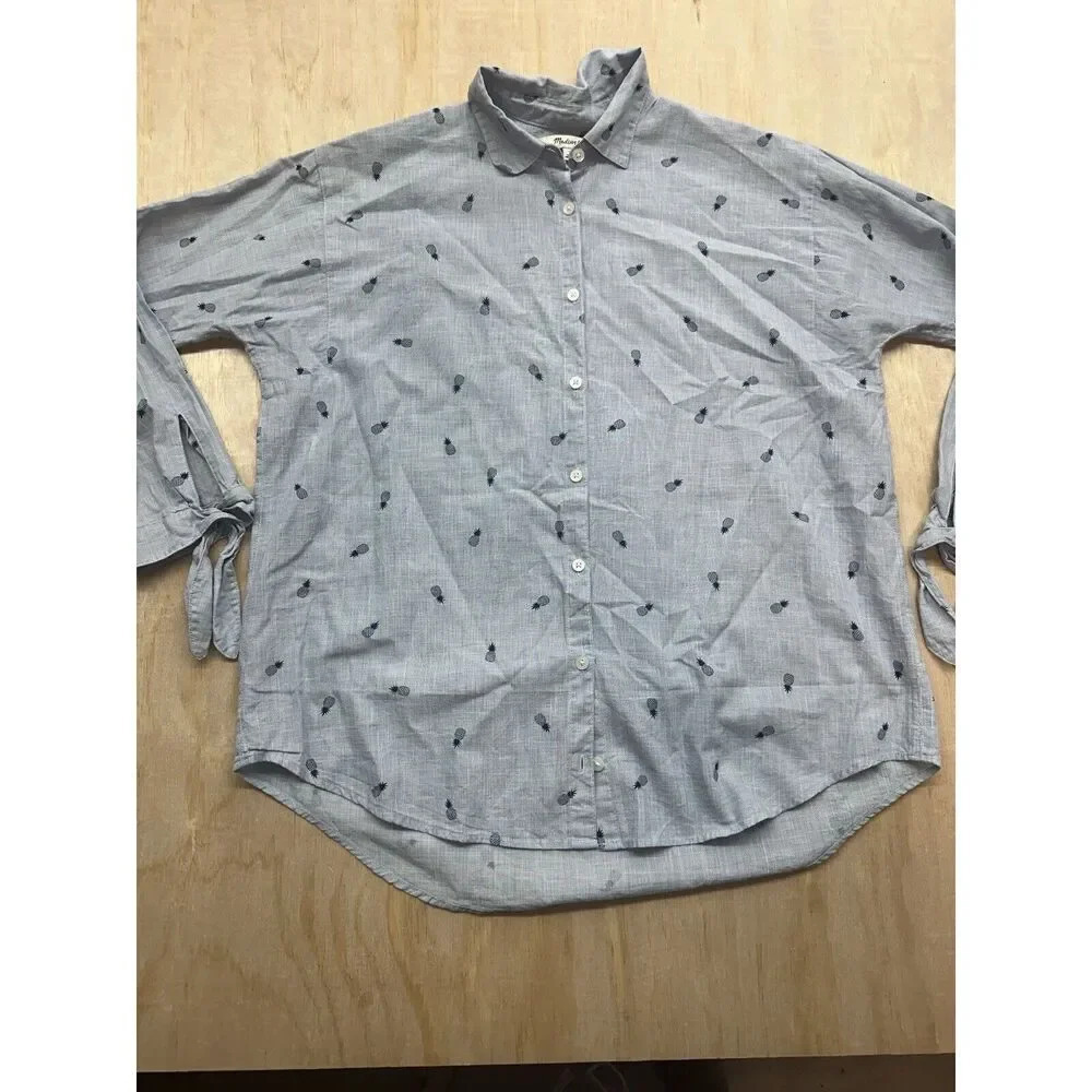 Madewell Top Pineapples  XS‎ 100% Cotton Button Up Blue Tie Sleeves